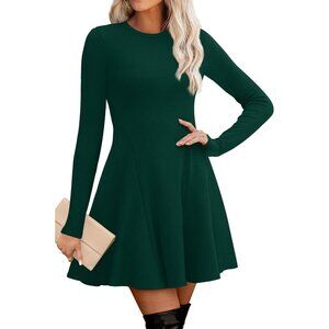Women Green Crew Neck Ribbed Knit Flare A-Line Long Sleeve Sweater Dress